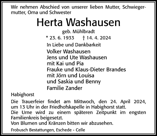Traueranzeige von Herta Washausen von Cellesche Zeitung