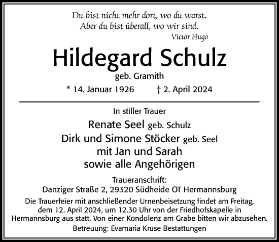 Traueranzeige von Hildegard Schulz von Cellesche Zeitung