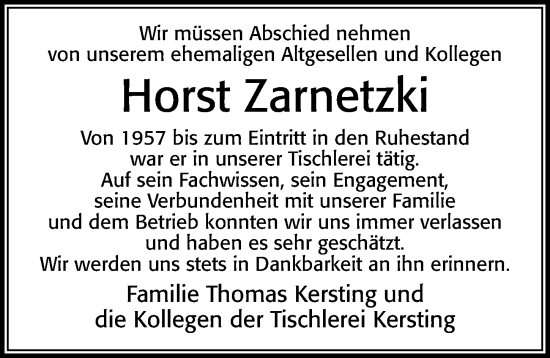Traueranzeige von Horst Zarnetzki von Cellesche Zeitung