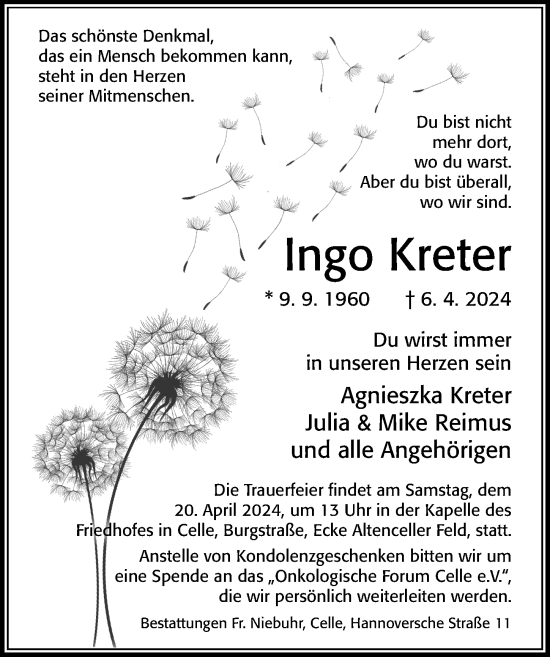Traueranzeige von Ingo Kreter von Cellesche Zeitung