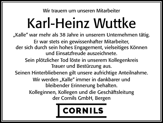 Traueranzeige von Karl-Heinz Wuttke von Cellesche Zeitung