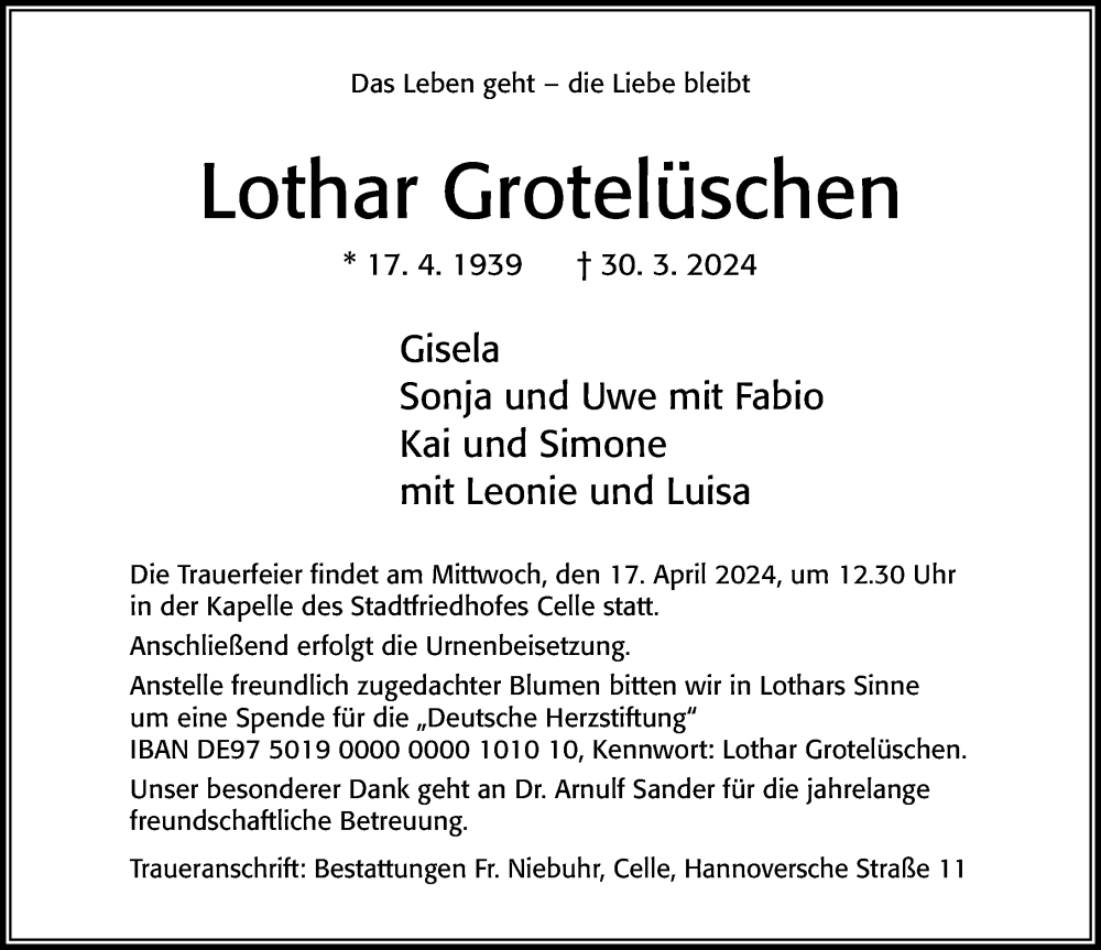  Traueranzeige für Lothar Grotelüschen vom 13.04.2024 aus Cellesche Zeitung