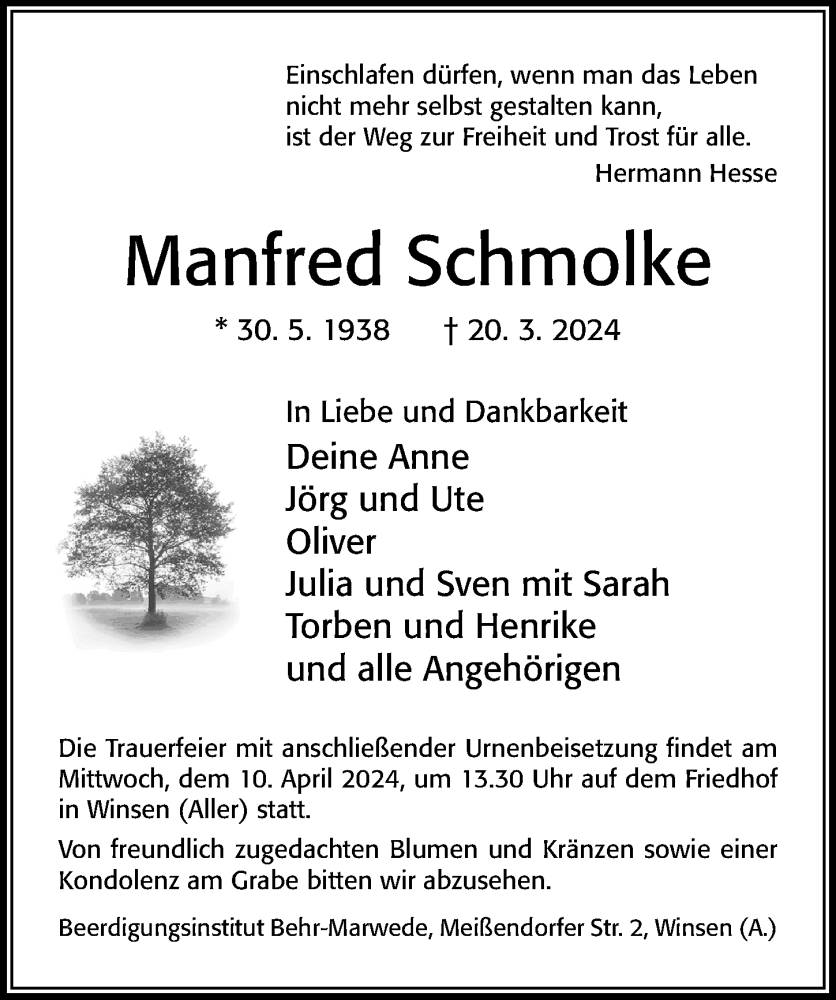  Traueranzeige für Manfred Schmolke vom 06.04.2024 aus Cellesche Zeitung