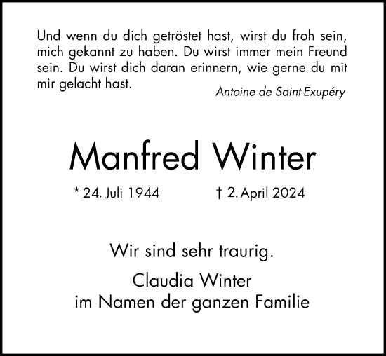 Traueranzeige von Manfred Winter von Cellesche Zeitung