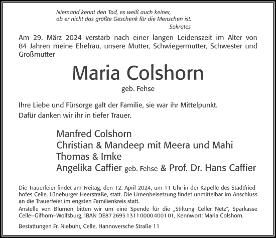 Traueranzeige von Maria Colshorn von Cellesche Zeitung