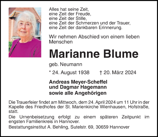 Traueranzeige von Marianne Blume von Cellesche Zeitung