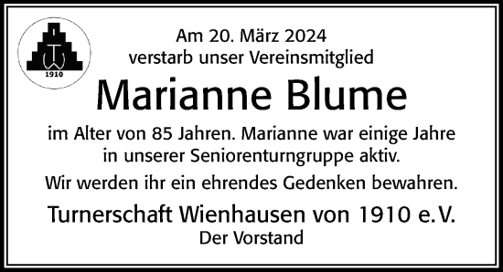 Traueranzeige von Marianne Blume von Cellesche Zeitung