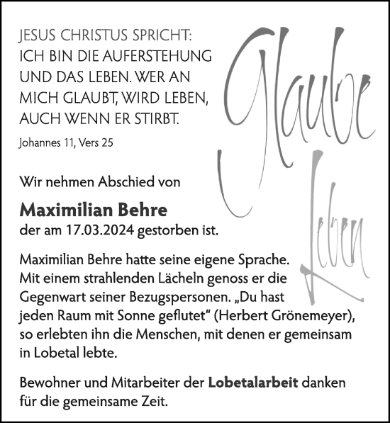 Traueranzeige von Maximilian Behre von Cellesche Zeitung