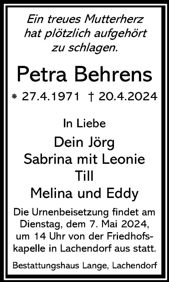 Traueranzeige von Petra Behrens von Cellesche Zeitung