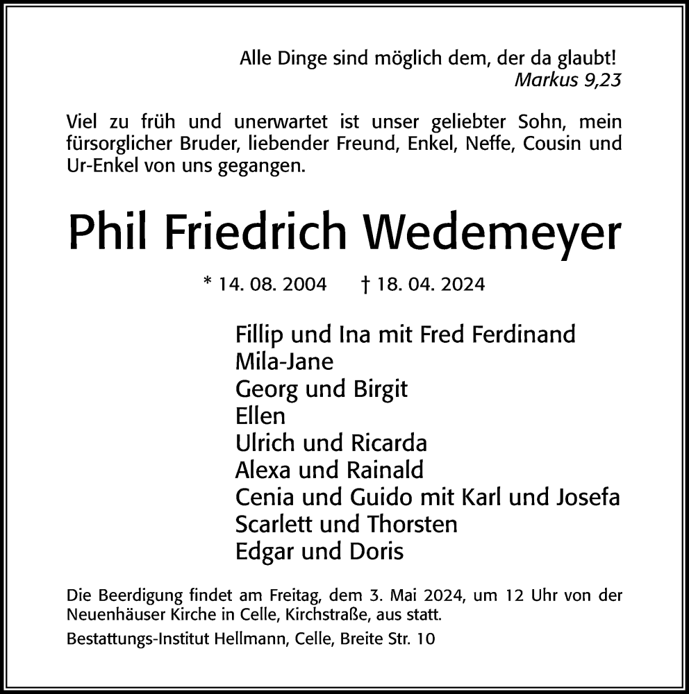  Traueranzeige für Phil Friedrich Wedemeyer vom 27.04.2024 aus Cellesche Zeitung