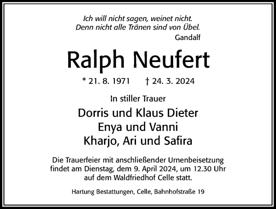 Traueranzeige von Ralph Neufert von Cellesche Zeitung
