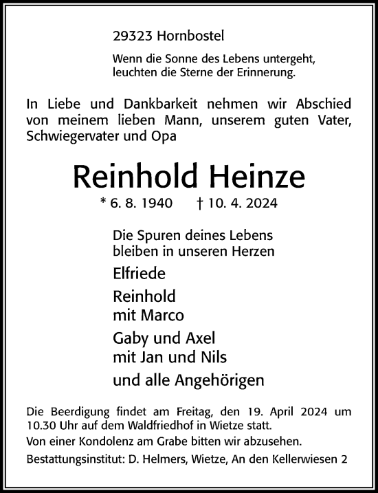 Traueranzeige von Reinhold Heinze von Cellesche Zeitung