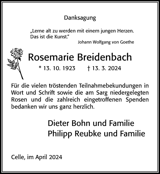Traueranzeige von Rosemarie Breidenbach von Cellesche Zeitung