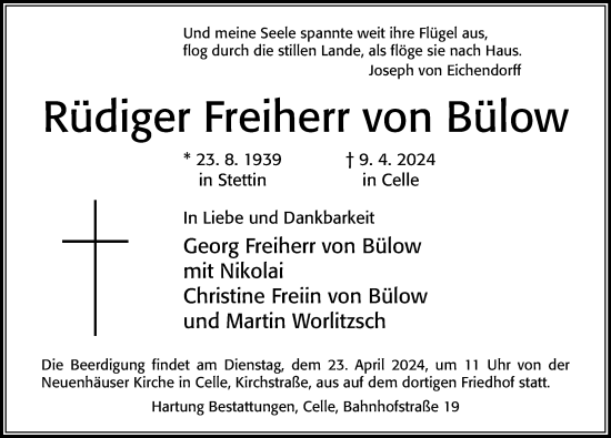 Traueranzeige von Rüdiger Freiherr von Bülow von Cellesche Zeitung