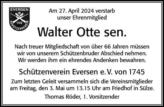 Traueranzeige von Walter Otte von Cellesche Zeitung