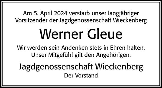 Traueranzeige von Werner Gleue von Cellesche Zeitung