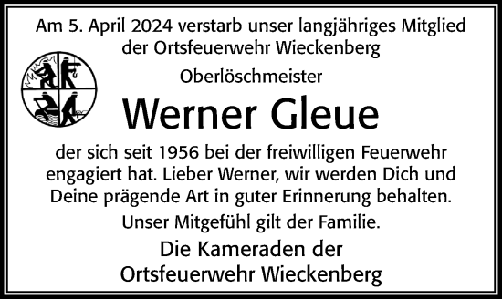 Traueranzeige von Werner Gleue von Cellesche Zeitung