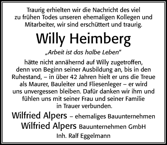 Traueranzeige von Willy Heimberg von Cellesche Zeitung