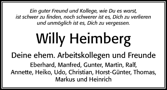 Traueranzeige von Willy Heimberg von Cellesche Zeitung
