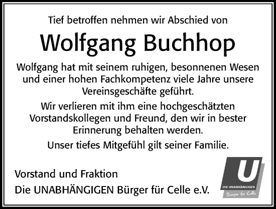 Traueranzeige von Wolfgang Buchhop von Cellesche Zeitung