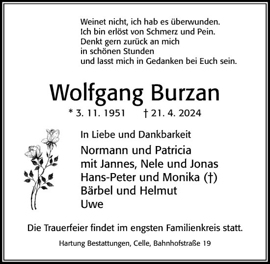 Traueranzeige von Wolfgang Burzan von Cellesche Zeitung