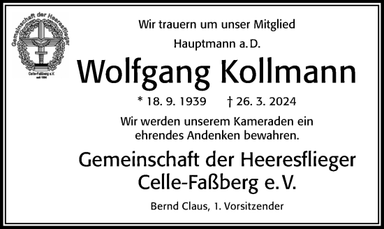 Traueranzeige von Wolfgang Kollmann von Cellesche Zeitung