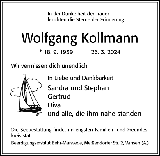 Traueranzeige von Wolfgang Kollmann von Cellesche Zeitung