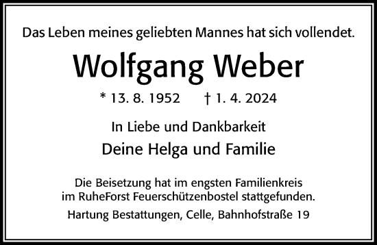 Traueranzeige von Wolfgang Weber von Cellesche Zeitung