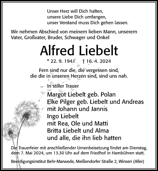 Traueranzeige von Alfred Liebelt von Cellesche Zeitung