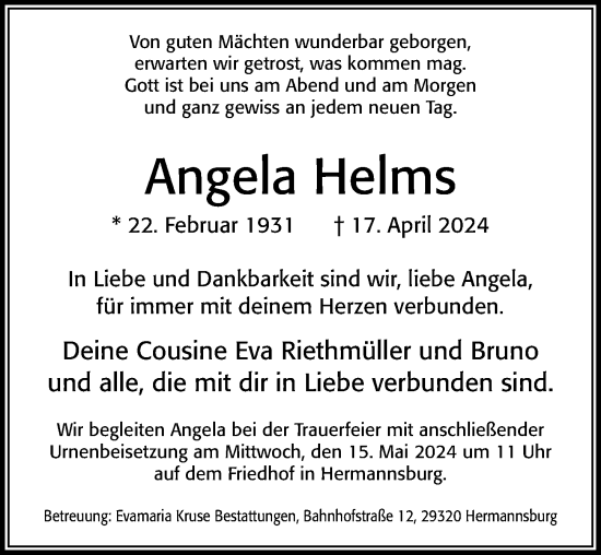 Traueranzeige von Angela Helms von Cellesche Zeitung