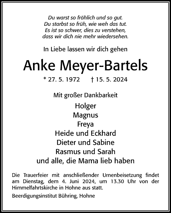 Traueranzeige von Anke Meyer-Bartels von Cellesche Zeitung