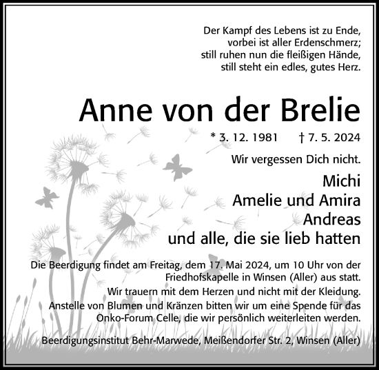 Traueranzeige von Anne von der Brelie von Cellesche Zeitung
