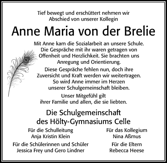 Traueranzeige von Anne Maria von der Brelie von Cellesche Zeitung