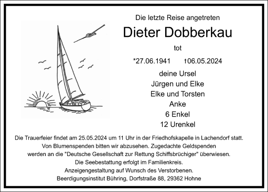 Traueranzeige von Dieter Dobberkau von Cellesche Zeitung