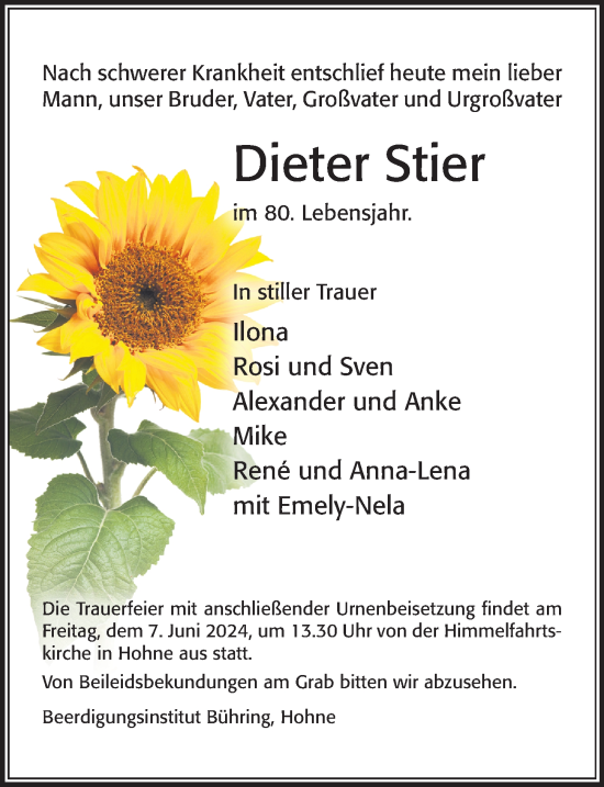 Traueranzeige von Dieter Stier von Cellesche Zeitung