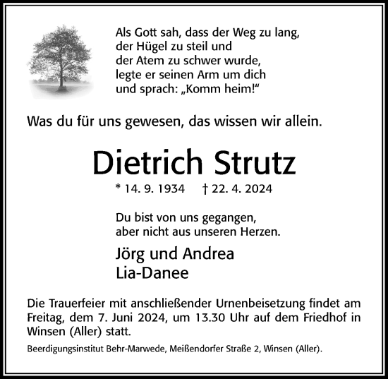 Traueranzeige von Dietrich Strutz von Cellesche Zeitung
