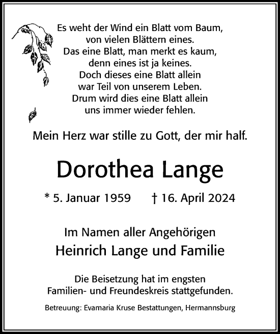 Traueranzeige von Dorothea Lange von Cellesche Zeitung
