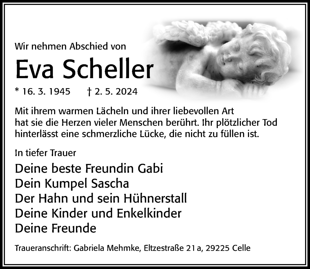  Traueranzeige für Eva Scheller vom 15.05.2024 aus Cellesche Zeitung