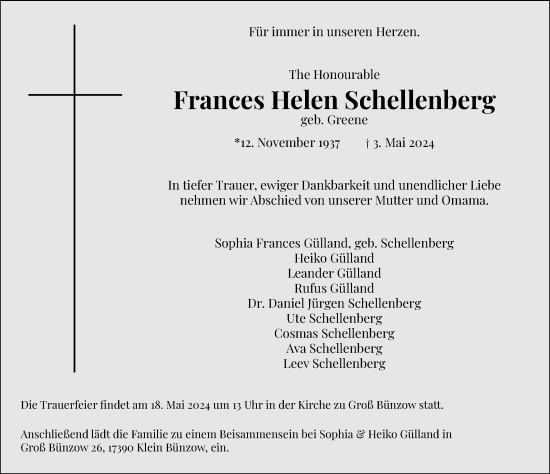 Traueranzeige von Frances Helen Schellenberg von Cellesche Zeitung