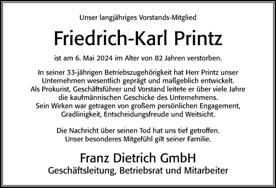 Traueranzeige von Friedrich-Karl Printz von Cellesche Zeitung