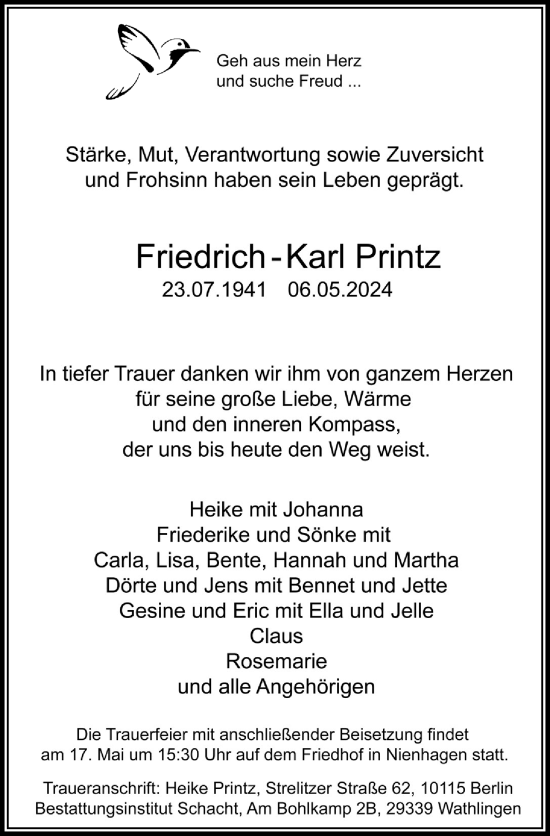 Traueranzeige von Friedrich-Karl Printz von Cellesche Zeitung