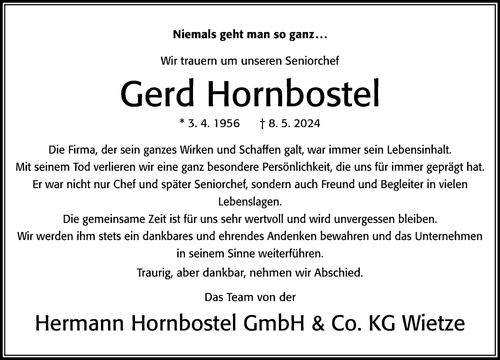 Traueranzeige für Gerd Hornbostel vom 11.05.2024 aus Cellesche Zeitung