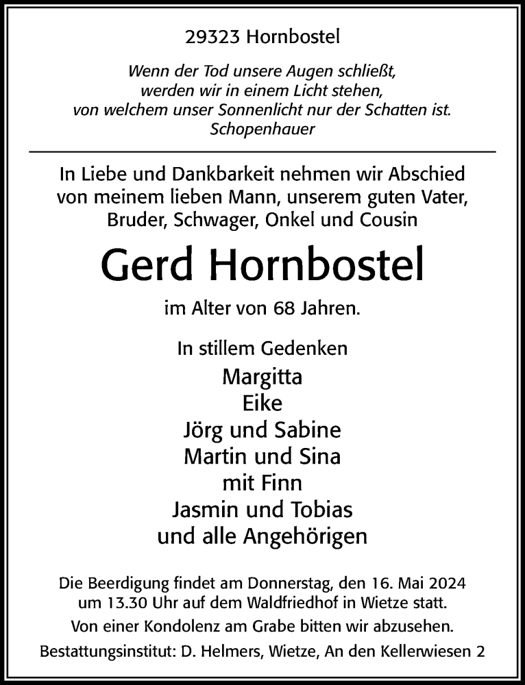  Traueranzeige für Gerd Hornbostel vom 11.05.2024 aus Cellesche Zeitung