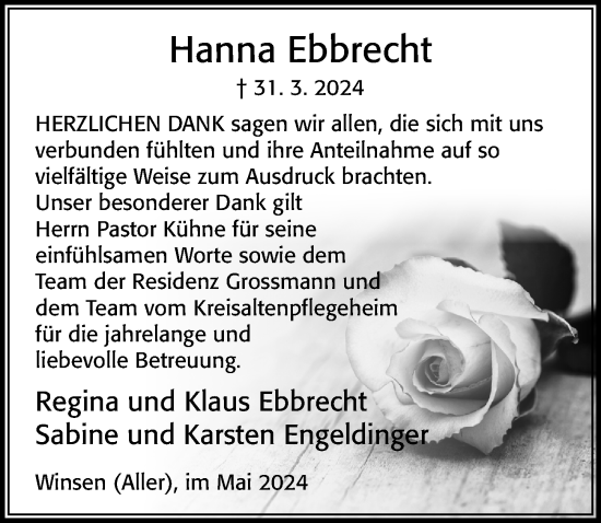 Traueranzeige von Hanna Ebbrecht von Cellesche Zeitung