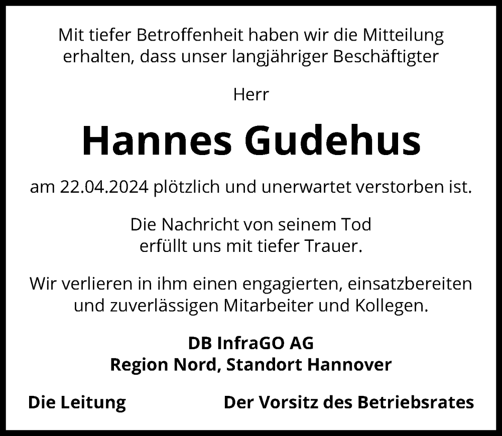  Traueranzeige für Hannes Gudehus vom 04.05.2024 aus Cellesche Zeitung