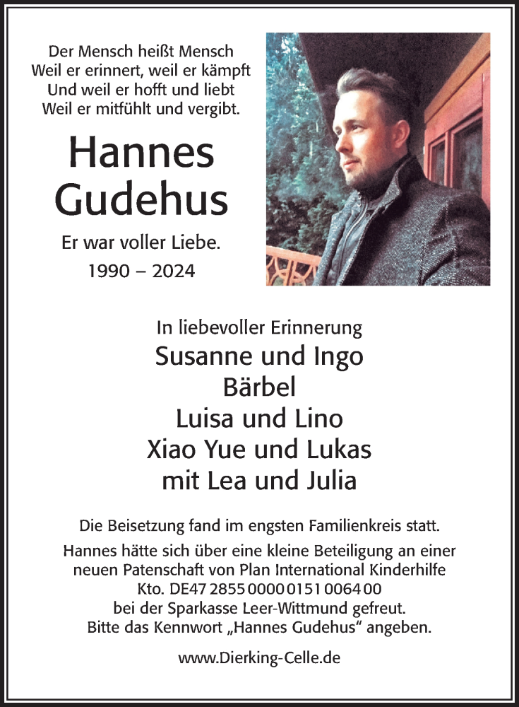  Traueranzeige für Hannes Gudehus vom 04.05.2024 aus Cellesche Zeitung