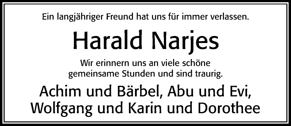  Traueranzeige für Harald Narjes vom 04.05.2024 aus Cellesche Zeitung