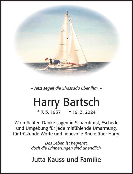 Traueranzeige von Harry Bartsch von Cellesche Zeitung