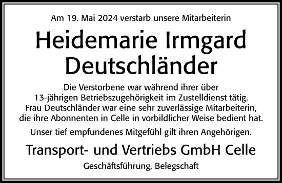 Traueranzeige von Heidemarie Irmgard Deutschländer von Cellesche Zeitung