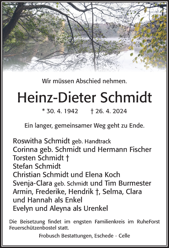 Traueranzeige von Heinz-Dieter Schmidt von Cellesche Zeitung